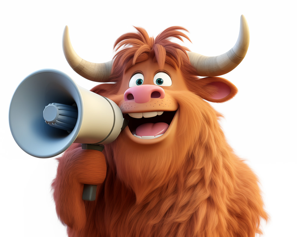 A cartoon style smiling Highland cow holding a loudspeaker