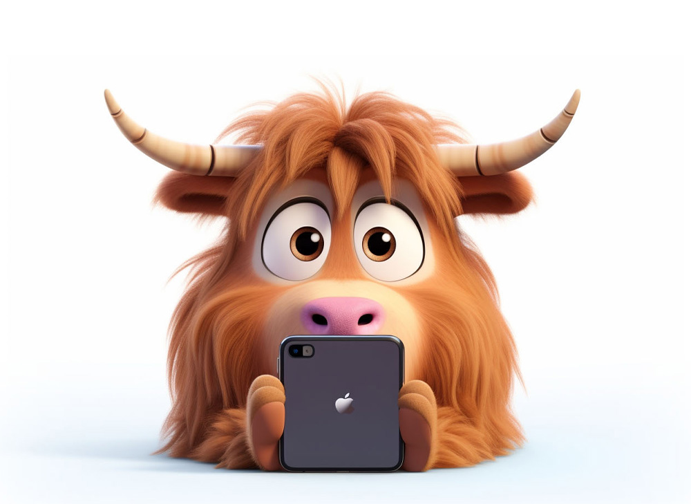 A close up of a cartoon style Highland cow holding a mobile phone