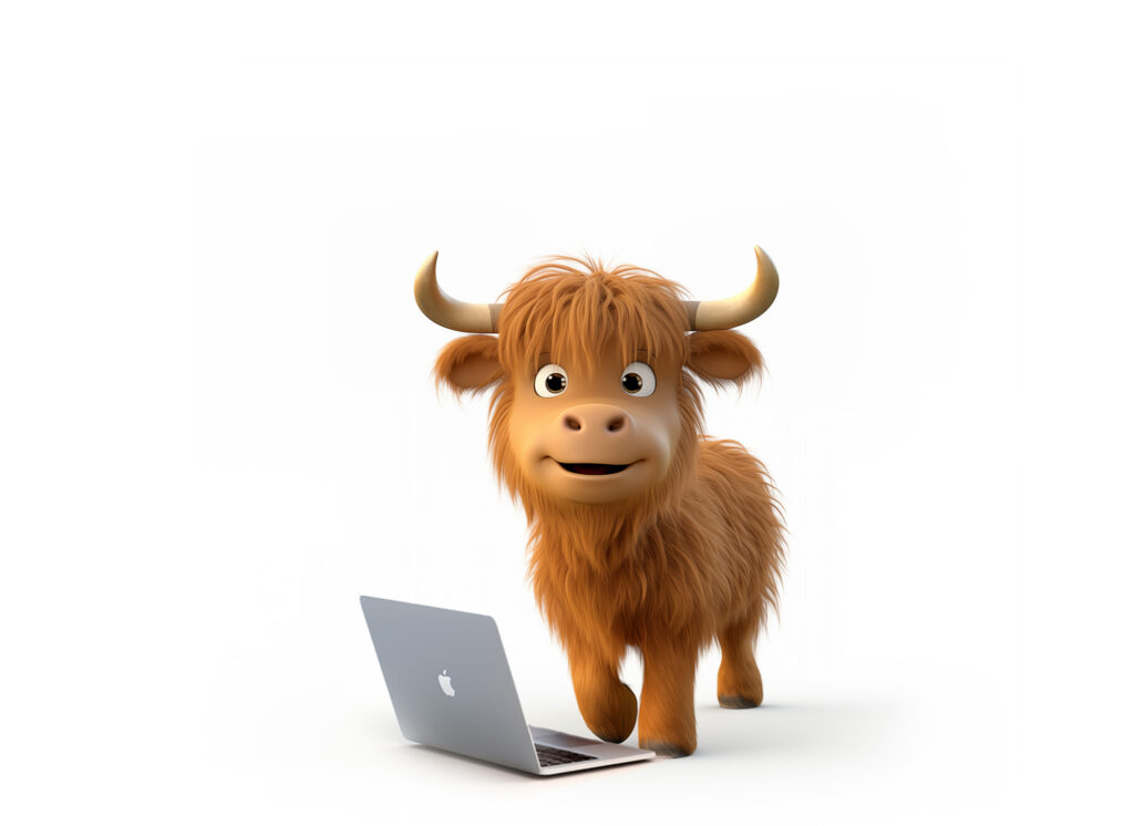 Highland cartoon cow using broadband for video calls and multiple devices