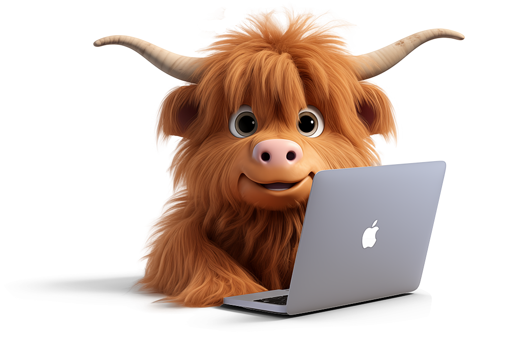Highland cartoon cow representing full fibre broadband switching in Scotland