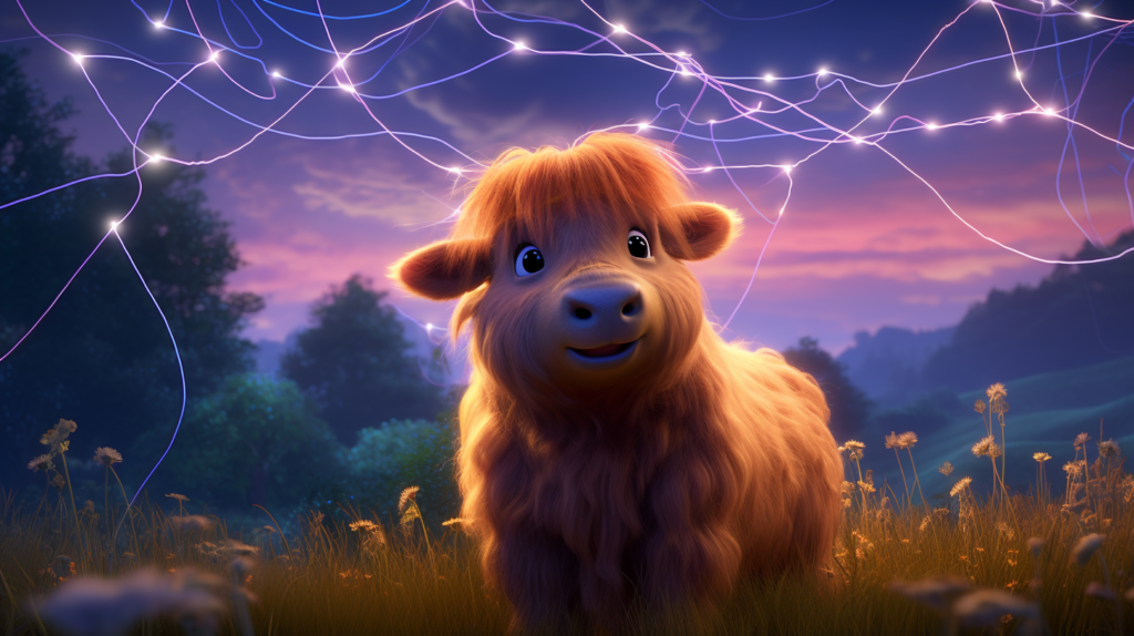 A cute young cartoon Scottish Highland cow standing on grass with a dusky sunset and bright sparks in the background