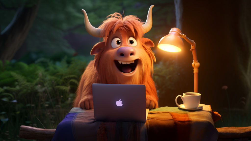 Highland cartoon cow working from home with reliable broadband connection