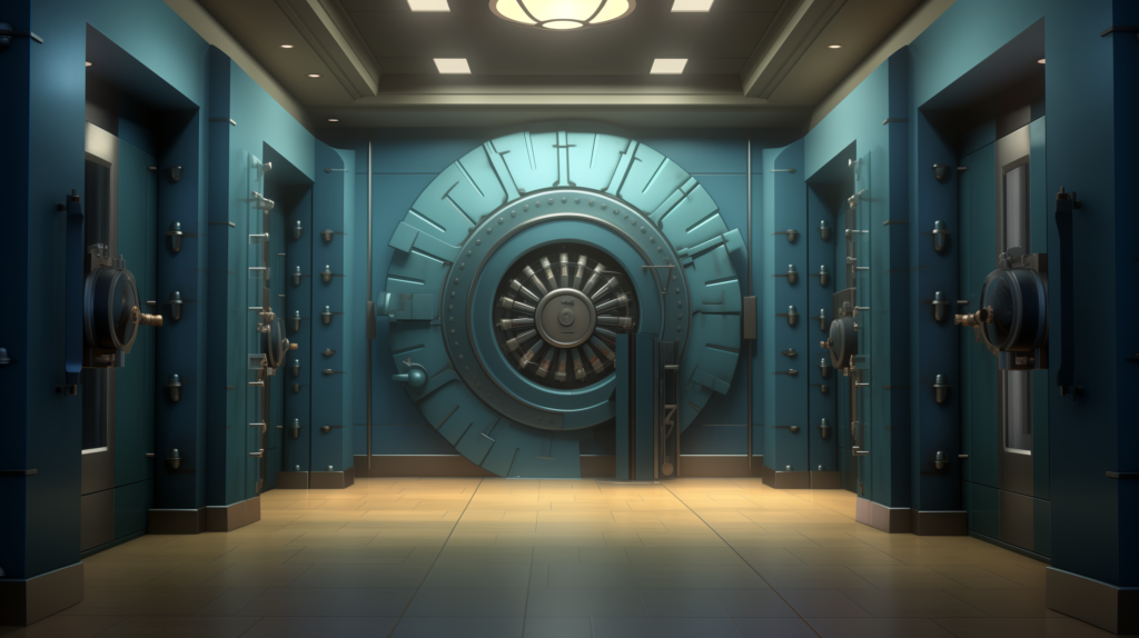 A Disney-style cartoon image of a large closed bank vault safe