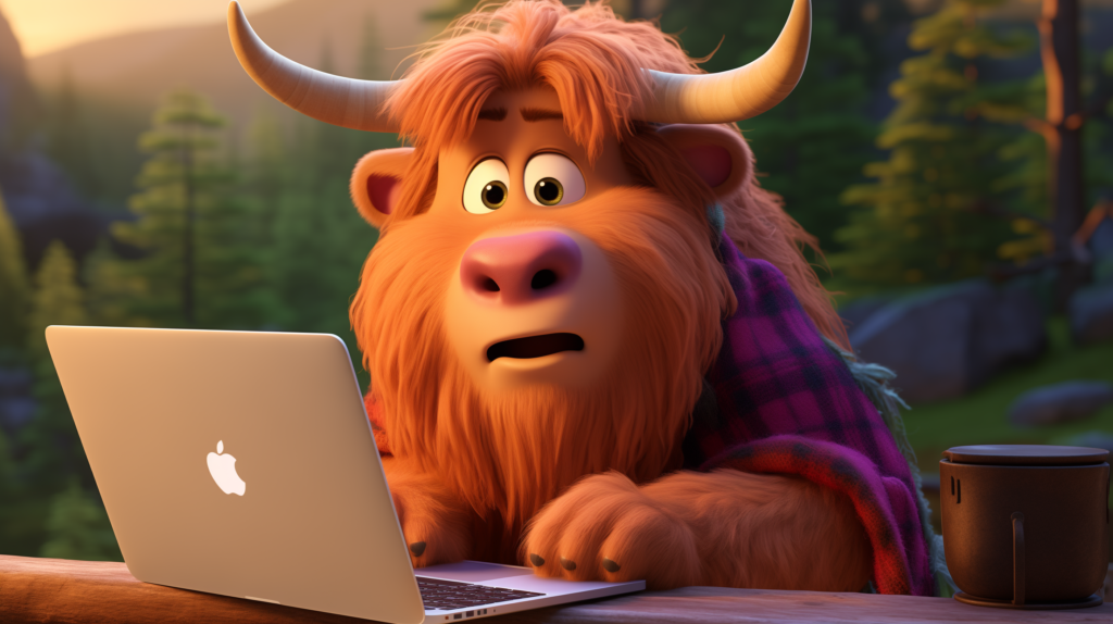 A cartoon Scottish Highland cow sitting at a desk and working behind a laptop looking confused