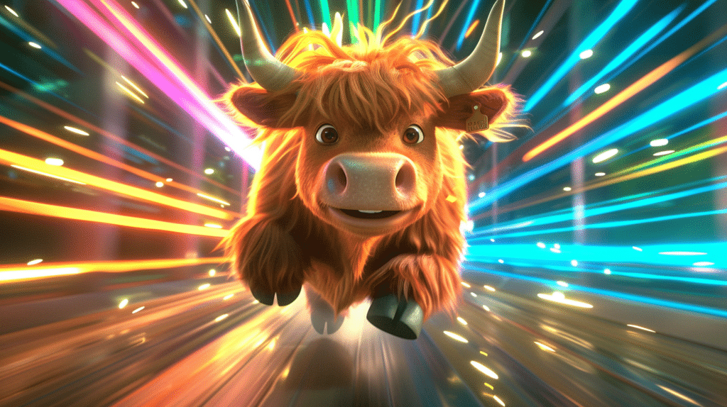A cute cartoon Highland cow running at great speed against a bright colourful background