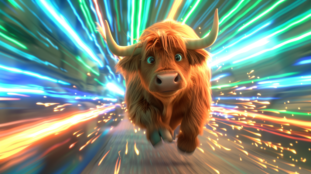 A cute cartoon Scottish Highland cow running at great speed against a bright colourful background
