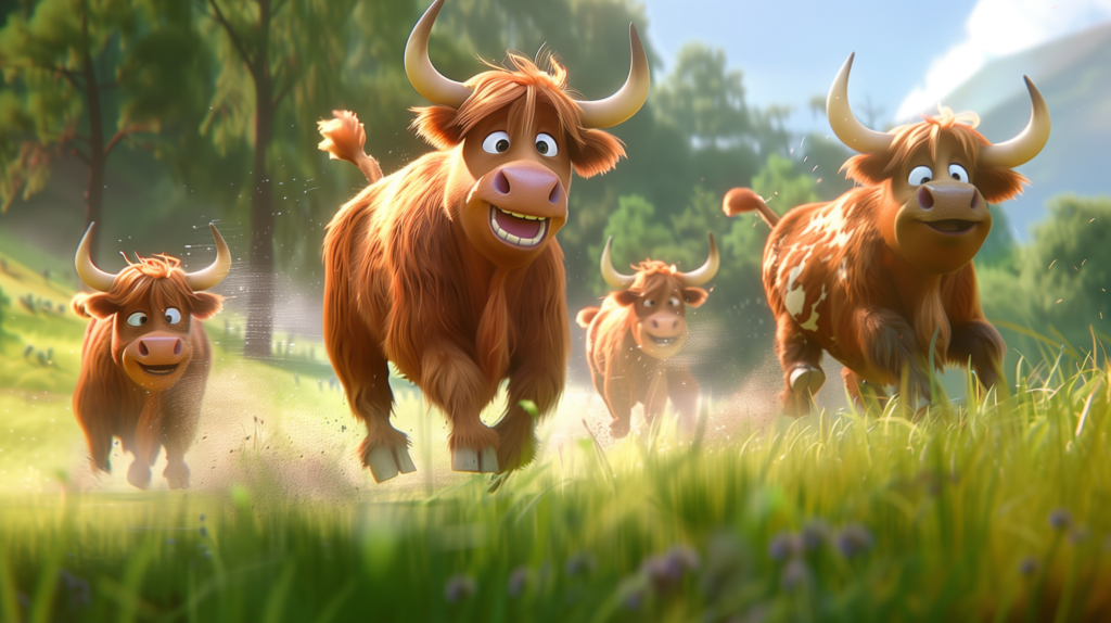 Four cute smiling cartoon Highland cows running on grass outdoors at great speed