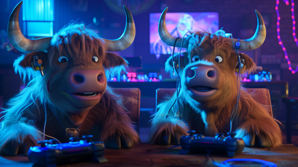 Two cute CGI cartoon Highland cows wearing earphones and playing video games in a room