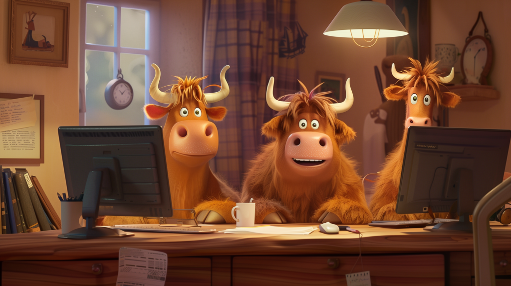 Three CGI cartoon Highland cows sitting behind a desk with two monitors, working from home