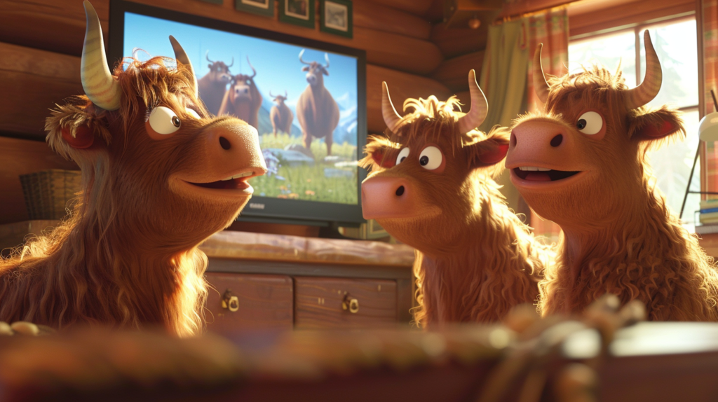 Three cute CGI cartoon Highland cows sitting in a living room with a TV and window in the background