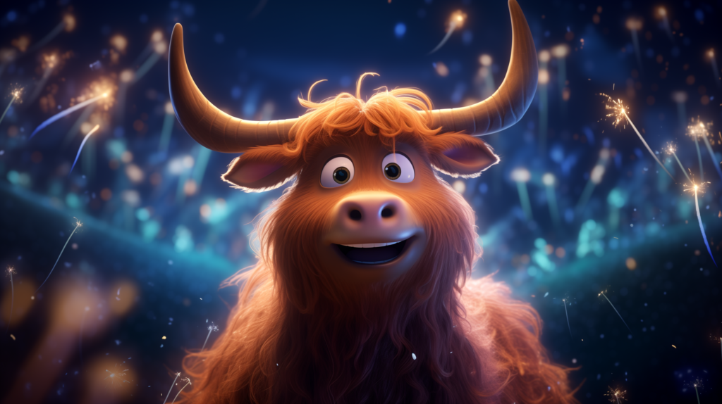 A close-up of a happy AI cartoon Highland cow against a blue background with sparks