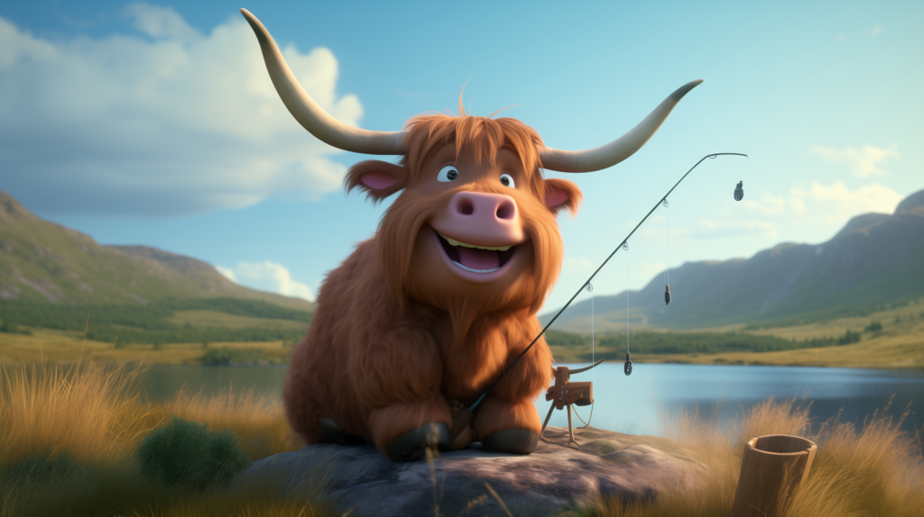 A happy cartoon Scottish Highland cow sitting outdoors next to a lake and holding a fishing rod