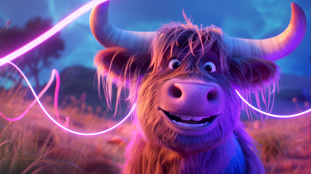 An AI CGI cartoon Highland cow smiling in a field with a neon fibre optic cable light around its head