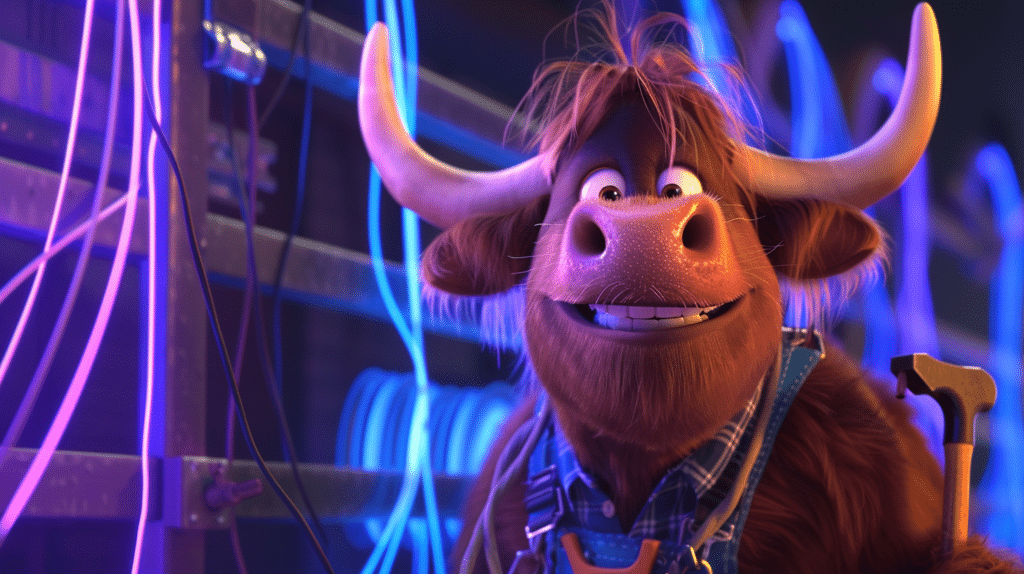A cartoon Highland cow wearing dungarees and holding a hammer standing next to bright colourful cables