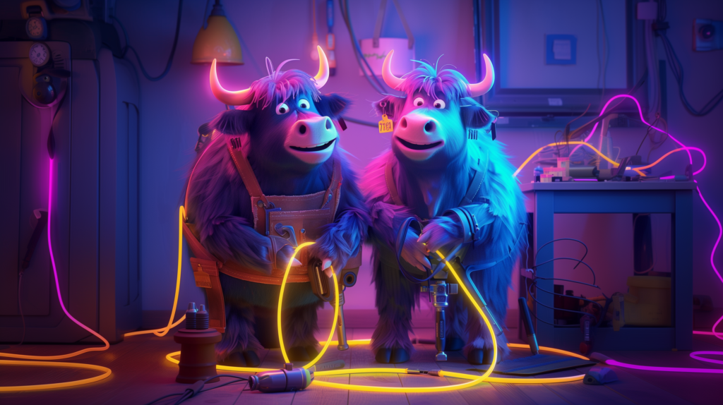 Two smiling cartoon CGI Highland cows dressed as repairmen holding a bright yellow cable