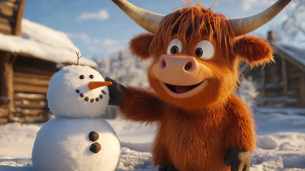 A cartoon style Highland cow smiling next to a small snowman with a snowy outdoor background