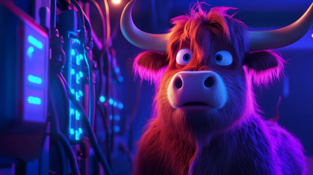 Highland cartoon cow experiencing lag due to high latency broadband