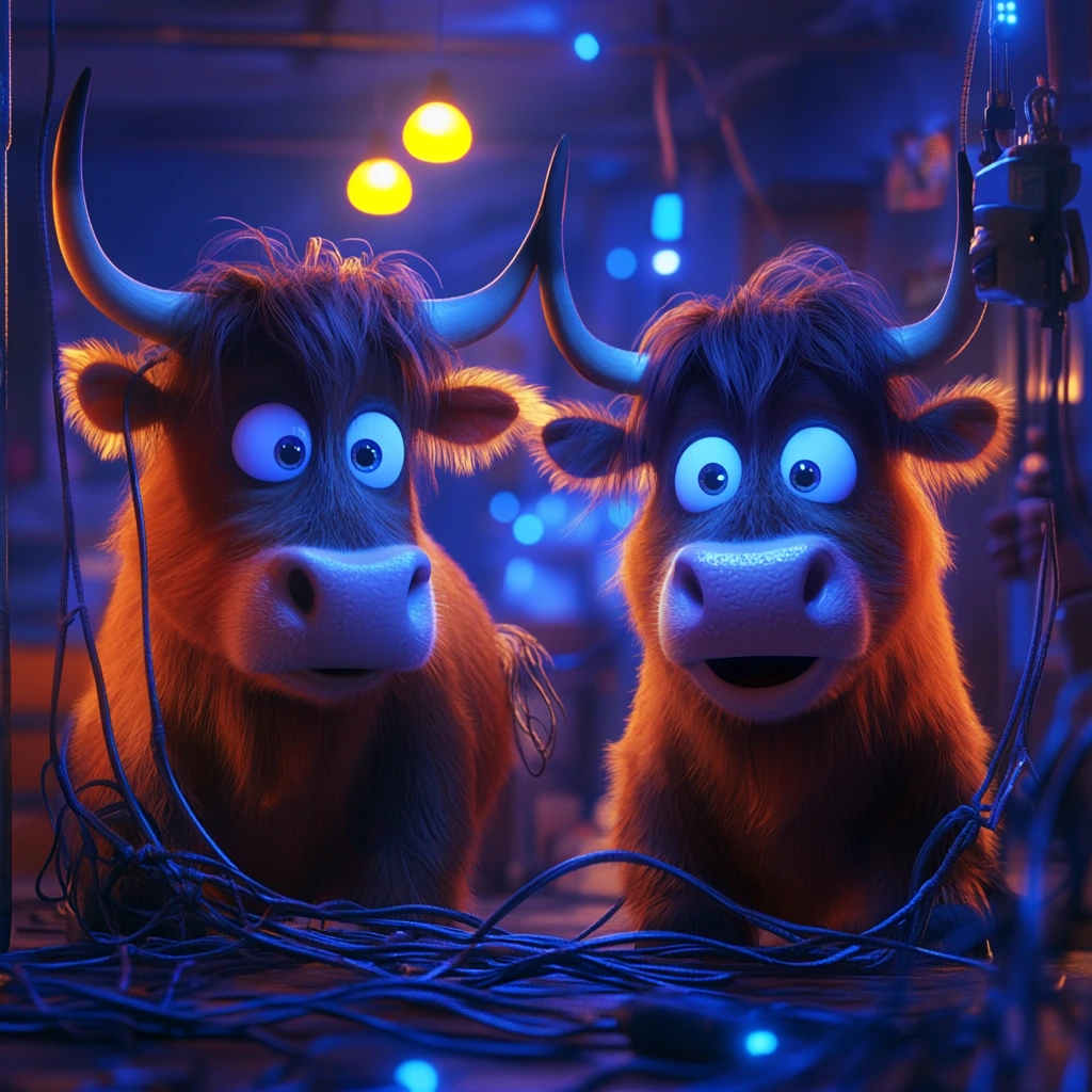 A Disney Pixar style image of two cartoon Highland cows surrounded by blue wires and looking confused