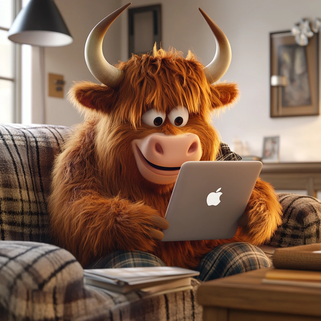 A Disney Pixar style cartoon Highland cow sitting on a sofa indoors looking at an iPad
