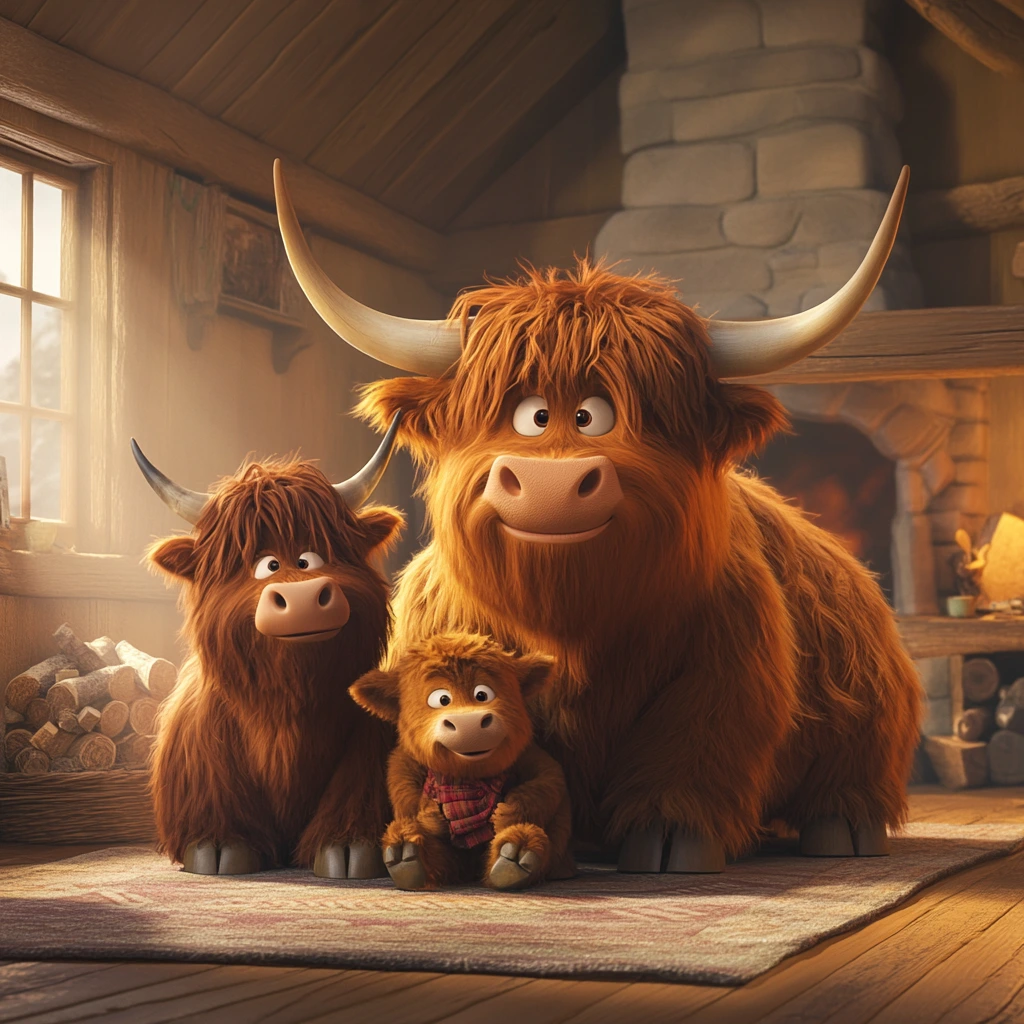 A family of three cute cartoon Highland cows in a rustic wooden living room, posing for a picture