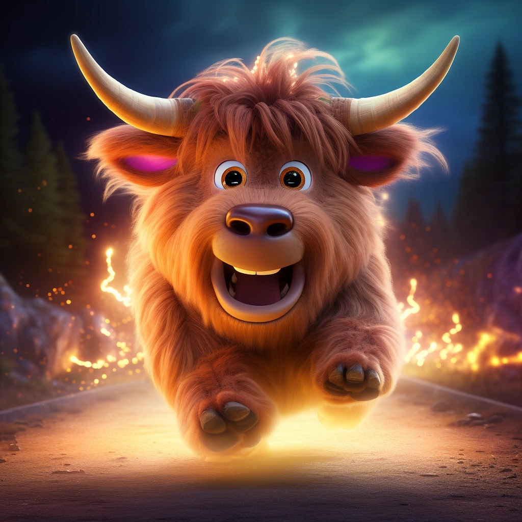 A Disney Pixar style cute cartoon Highland cow running outdoors at full speed