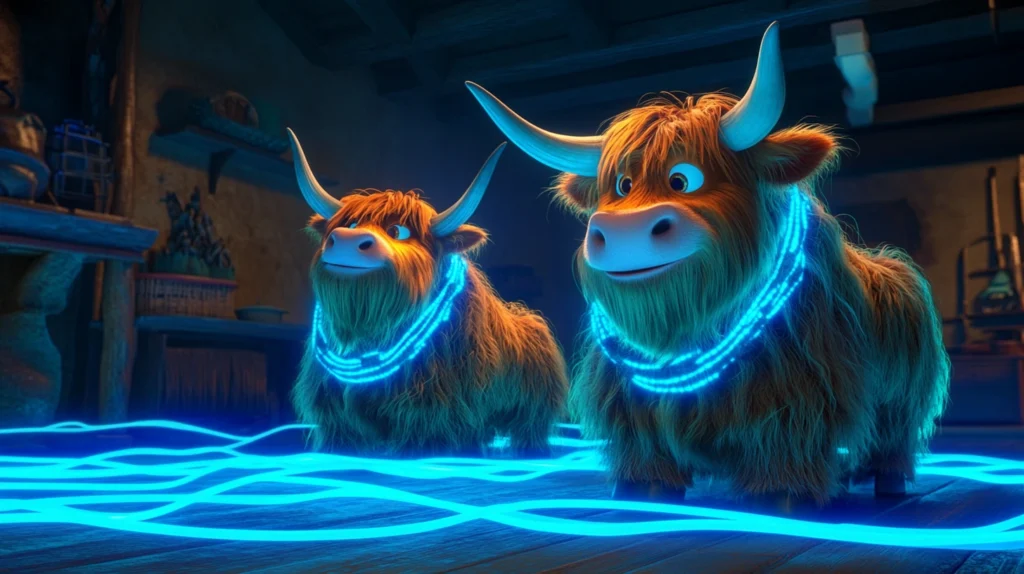 Two Disney Pixar style cartoon Highland cows standing side by side indoors, surrounded by blue electrical wires