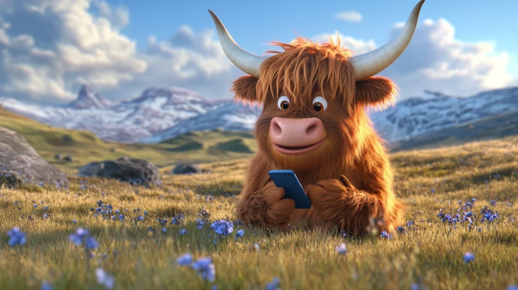 A cute cartoon Highland cow sitting on grass outdoors holding a smartphone and smiling