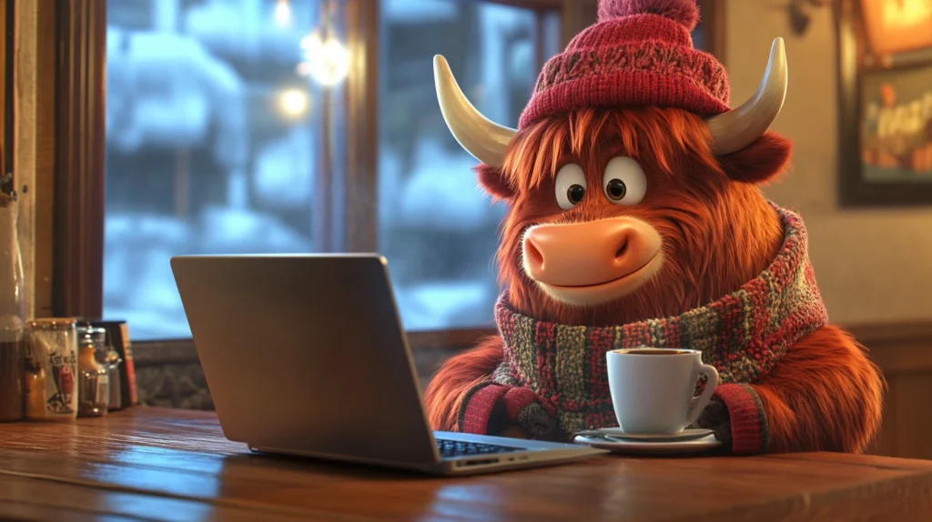 Highland cartoon cow using broadband for video calls and home working in Scotland