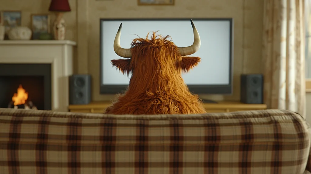 The back of a realistic looking animated Highland cow sitting on a sofa watching TV