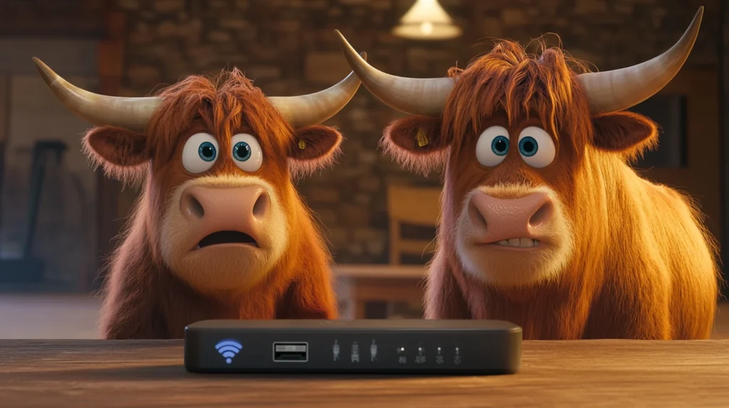 Two brown cartoon Highland cows standing in front of a Wifi router and looking confused
