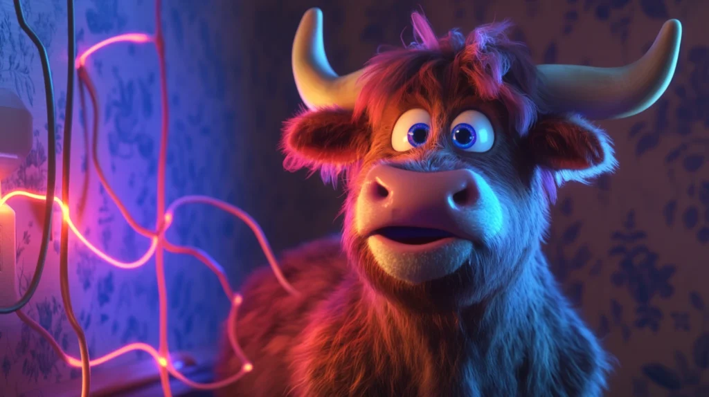 A Disney Pixar style Highland cow at BrawBand looking confused next to glowing electronic cables