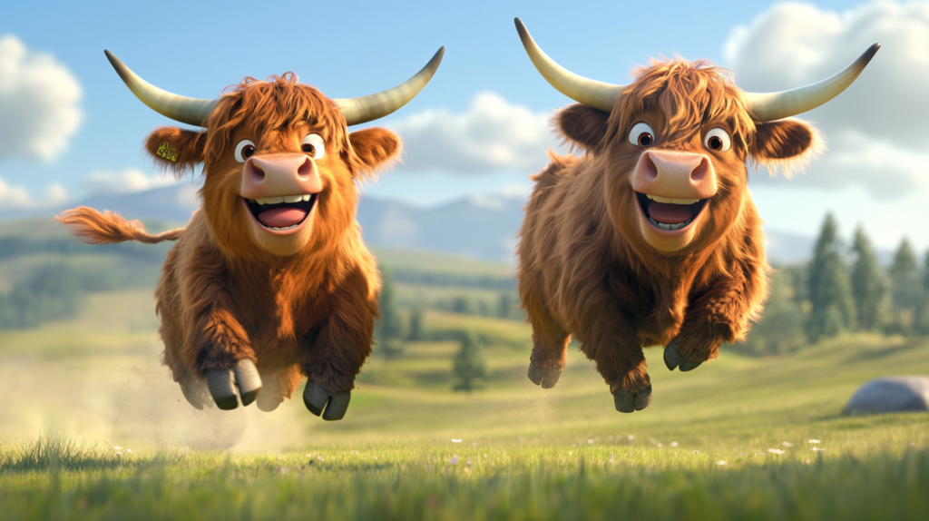 Two animated Highland cows running through a grassy field