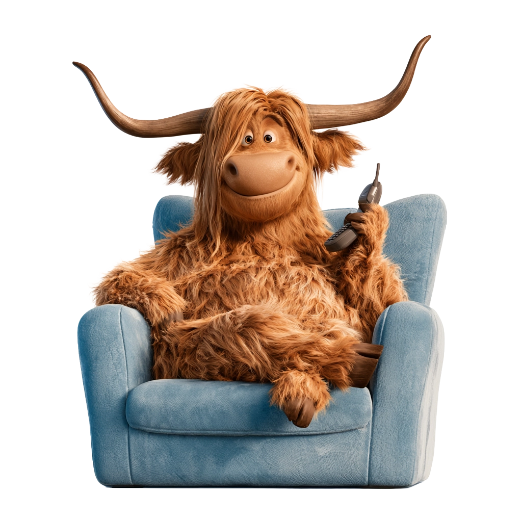Highland cow with a cordless home phone, relaxing at home