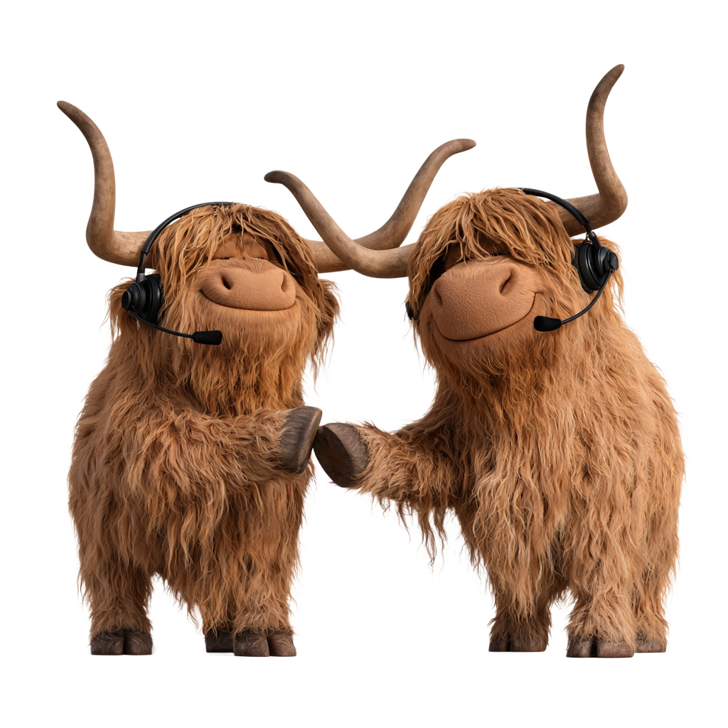 Two Highland cows shaking hooves, representing BrawBand's partnership with Focus Group