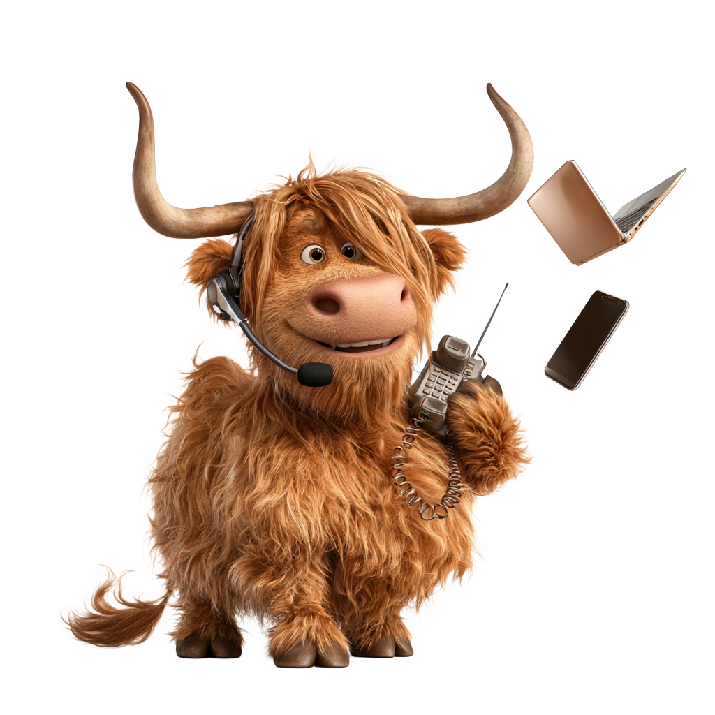 Highland cow comparing an old corded desk phone with a modern headset